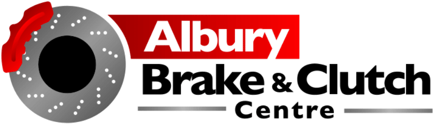 Logo for Albury Brake & Clutch Centre, featuring a stylized grey brake disc with a red brake caliper on the left, and the company name in bold red, black, and grey text on the right.