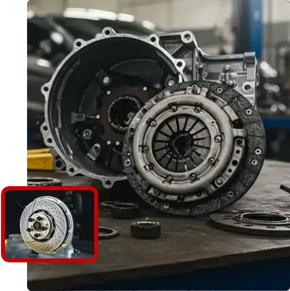 A close-up of car clutch components on a workbench in an auto repair shop, with a smaller inset image showing a clutch disc and pressure plate highlighted for detail.