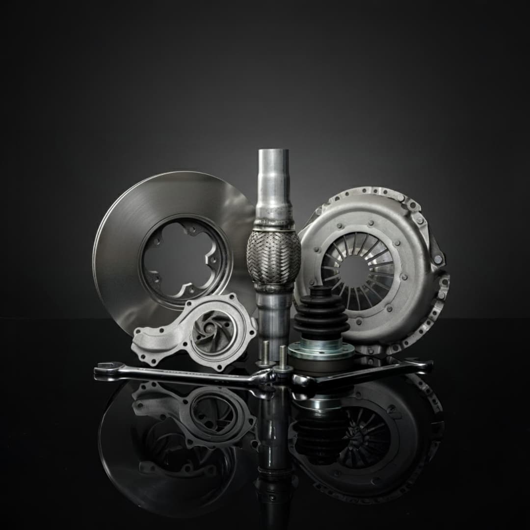 A collection of shiny automotive parts, including gears, a brake disc, a clutch plate, and metal tools, arranged on a reflective black surface with a dark background.
