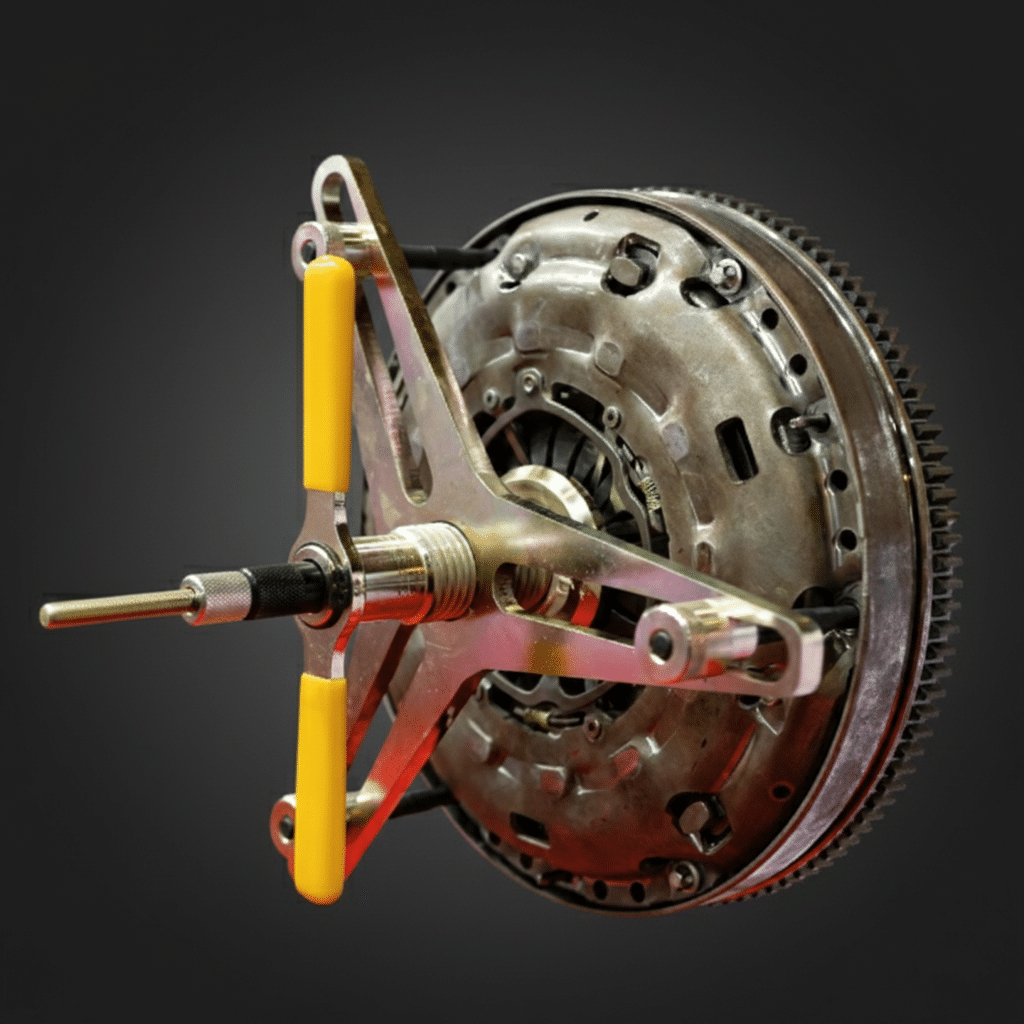 A close-up of a car clutch assembly with a yellow-handled clutch alignment tool attached, set against a dark background.