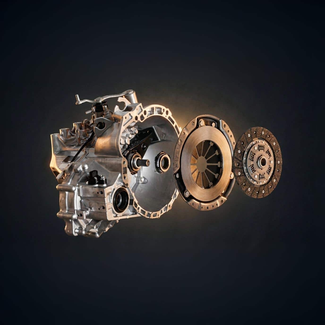 Exploded view of a car clutch assembly, showing the gearbox, clutch cover, pressure plate, and clutch disc against a dark background.