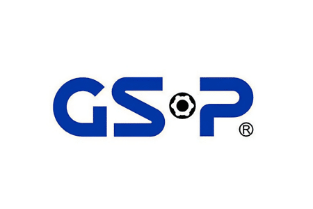 Blue letters “GS P” on a white background, with the letter “O” in “GSP” replaced by a black gear-shaped icon. The registered trademark symbol ® is next to the letter “P”.